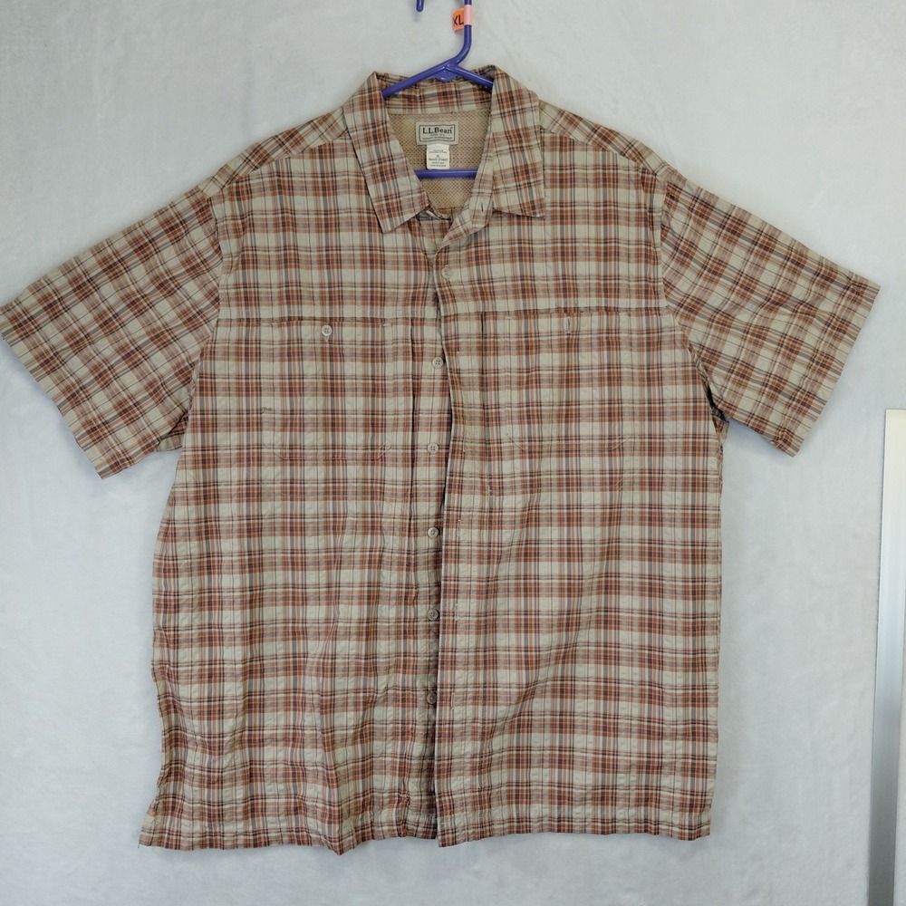 LL Bean Mens XL Brown Plaid Short Sleeve Hiking Fishing Shirt Mesh Lined 274825